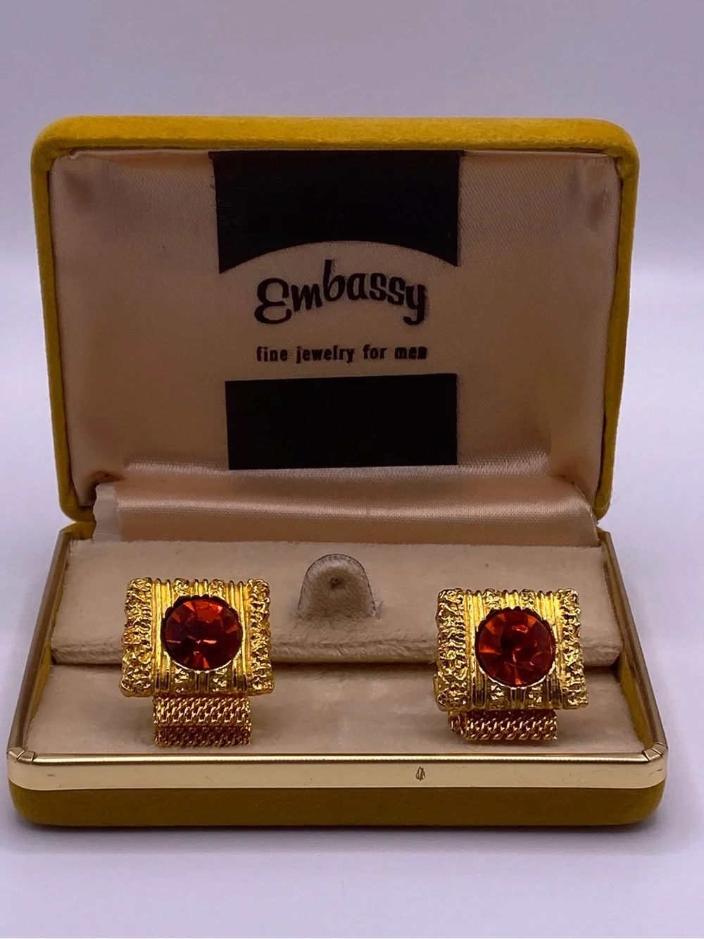 Mid Century Embassy Bright Orange Large Rhinestone Gold Tone Men’s VTG Cufflinks